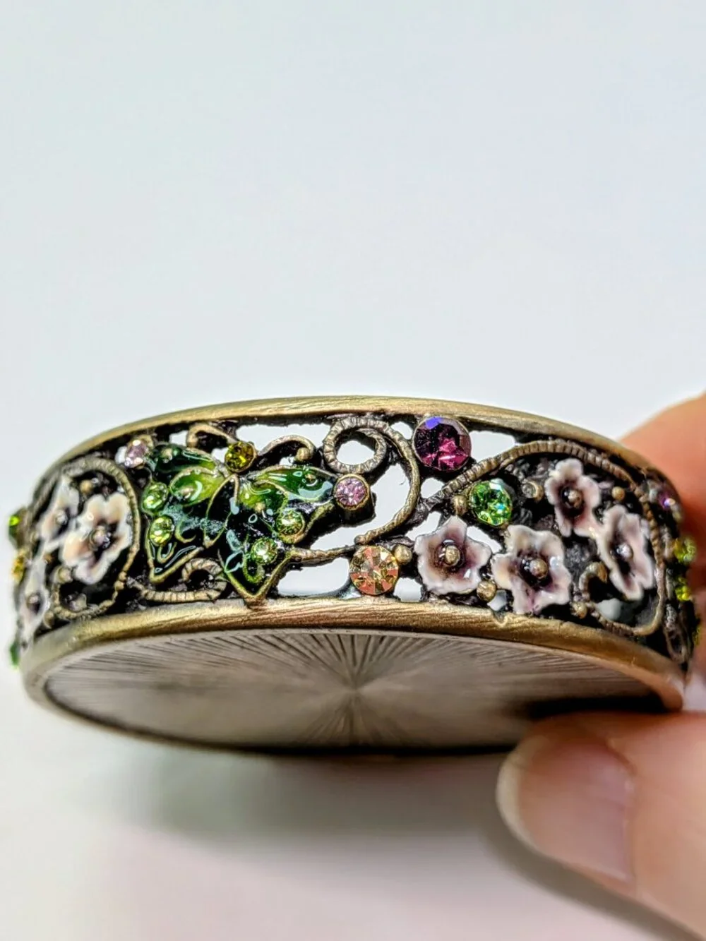 Magical Floral & Butterfly Keepsake Jeweled Trinket Box Metal, Enamel w Box